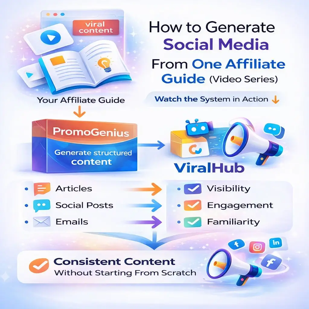 how-to-generate-social-media-content-from-one-guide-system How to generate social media content from one affiliate guide using a simple Product → Content → Visibility system with PromoGenius and ViralHub.